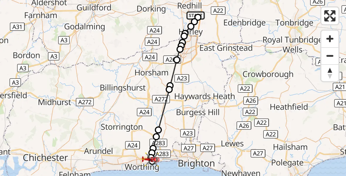 Flight route Air Ambulance Helicopter Redhill Aerodrome - Sompting, 24 August 2026, 00:01