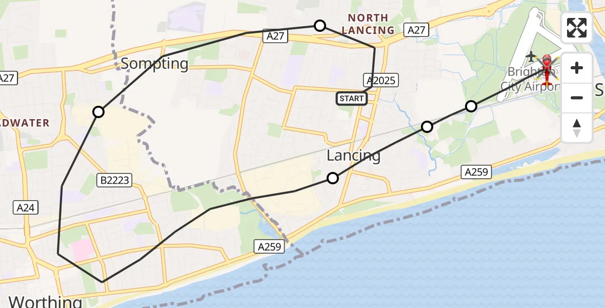 Flight route Air Ambulance Helicopter Lancing - Brighton City Airport, 24 August 2026, 00:39