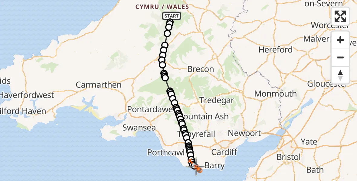 Flight route Coastguard Helicopter Llanwrthwl - MOD St Athan, 24 August 2026, 00:45