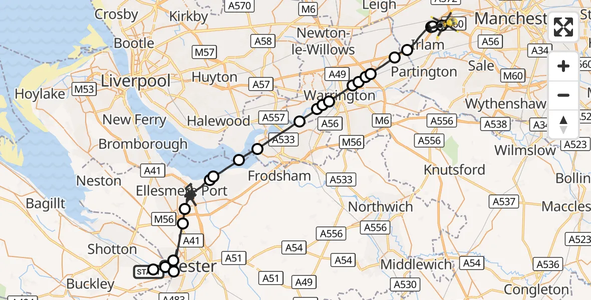 Flight route Police Helicopter Hawarden Airport - Manchester Barton Aerodrome, 24 August 2026, 01:52