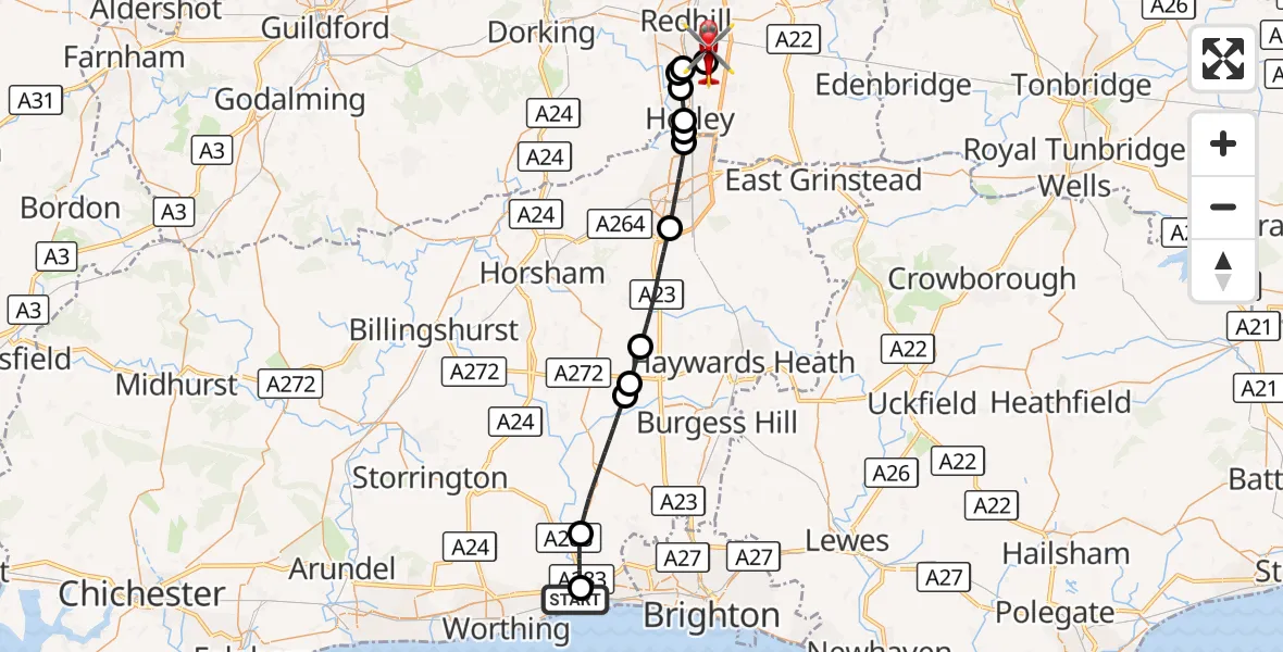 Flight route Air Ambulance Helicopter Brighton City Airport - Redhill Aerodrome, 24 August 2026, 01:58