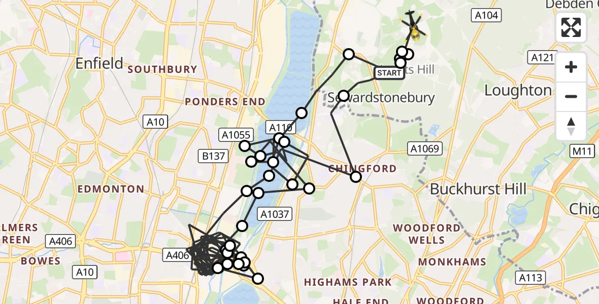 Flight route Police Helicopter Metropolitan Police Air Support Unit Lippitts Hill - Sewardstonebury, 24 August 2026, 02:10