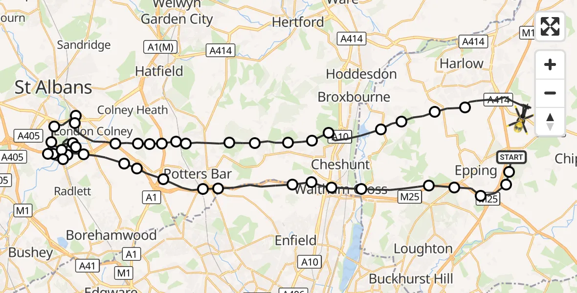 Flight route Police Helicopter Coopersale - North Weald Bassett, 24 August 2026, 03:08