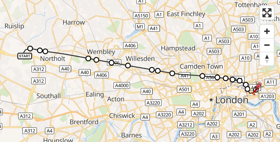 Flight route Air Ambulance Helicopter RAF Northolt - Royal London Hospital, 24 August 2026, 06:46
