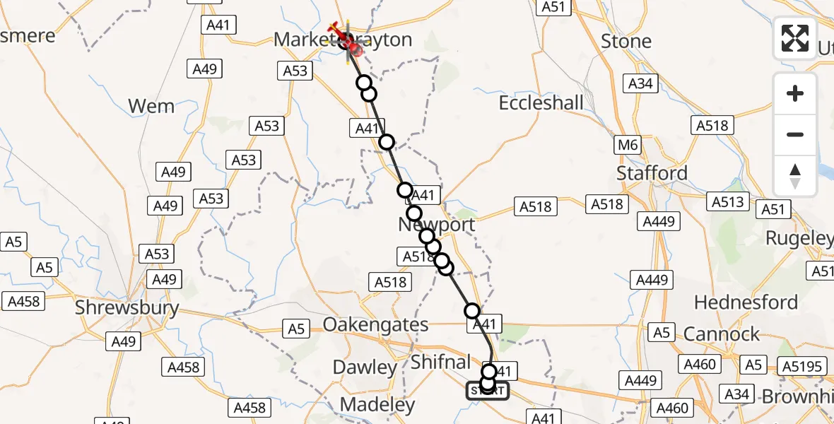 Flight route Air Ambulance Helicopter RAF Cosford - Market Drayton, 24 August 2026, 07:08