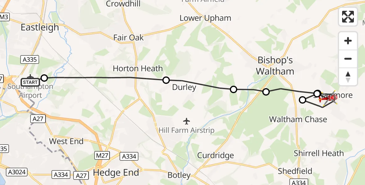 Flight route Air Ambulance Helicopter Southampton Airport - Swanmore, 24 August 2026, 07:12