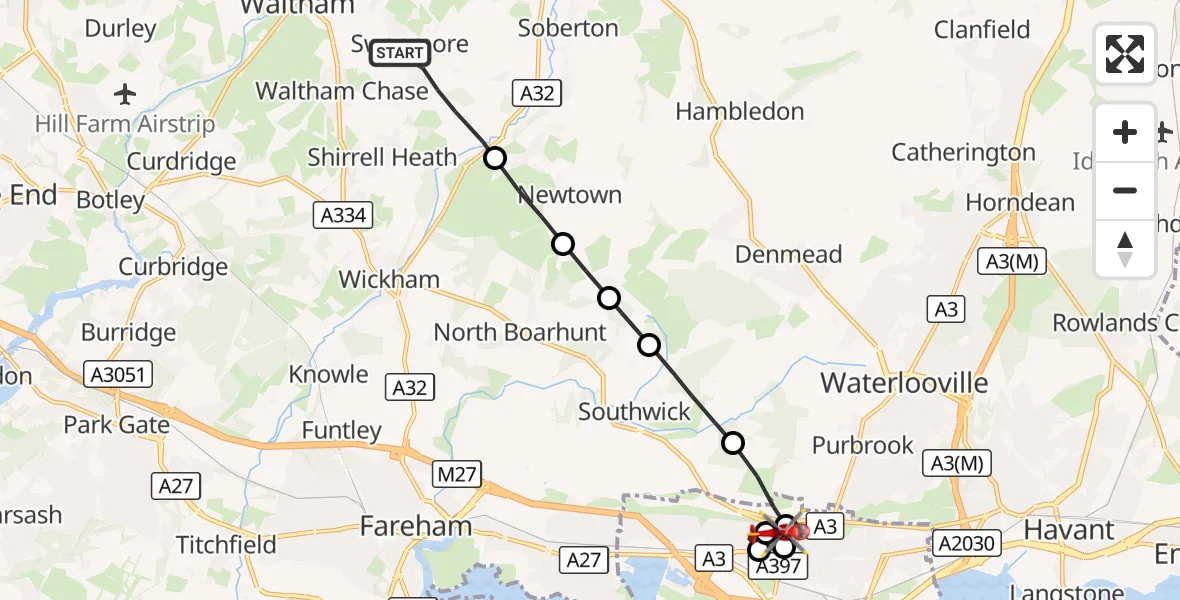 Flight route Air Ambulance Helicopter Swanmore - Queen Alexandra Hospital, 24 August 2026, 07:23