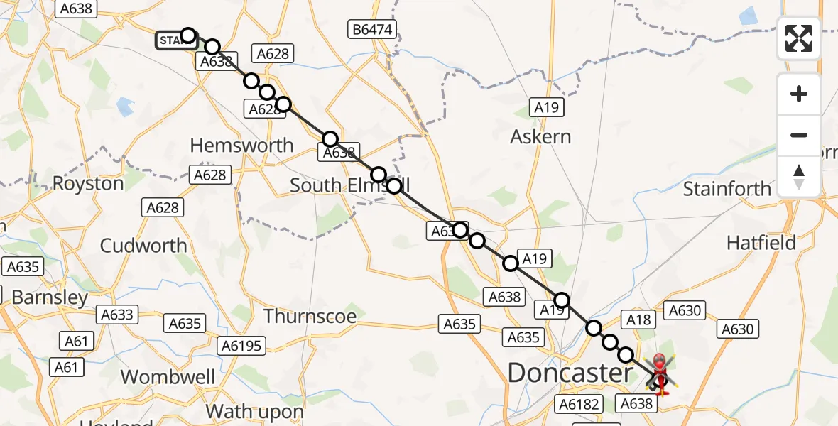 Flight route Air Ambulance Helicopter YAA Nostell Helicopter Port - Old Cantley, 24 August 2026, 07:44