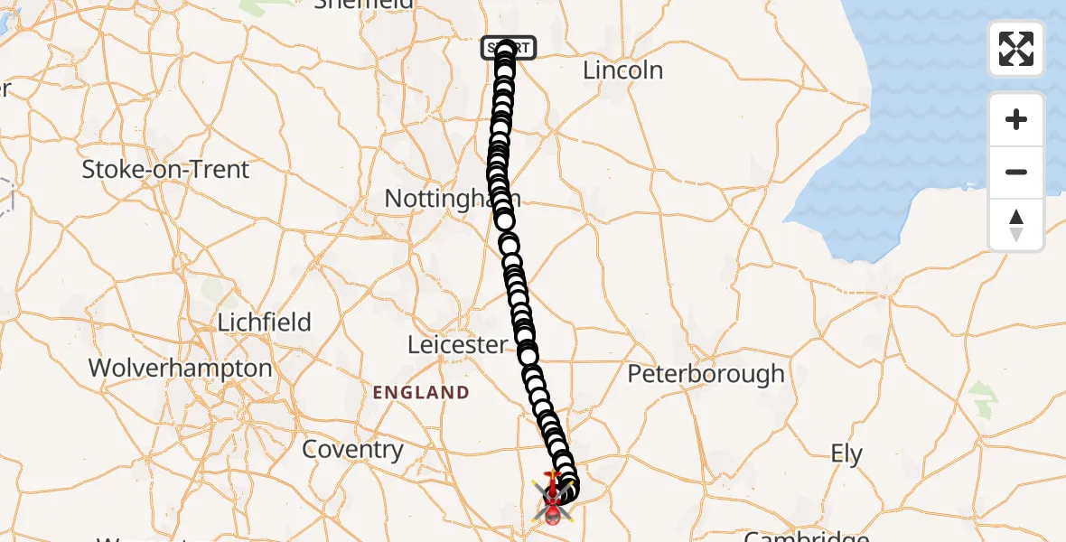 Flight route Air Ambulance Helicopter Retford Gamston Airport - Sywell Aerodrome, 24 August 2026, 07:46
