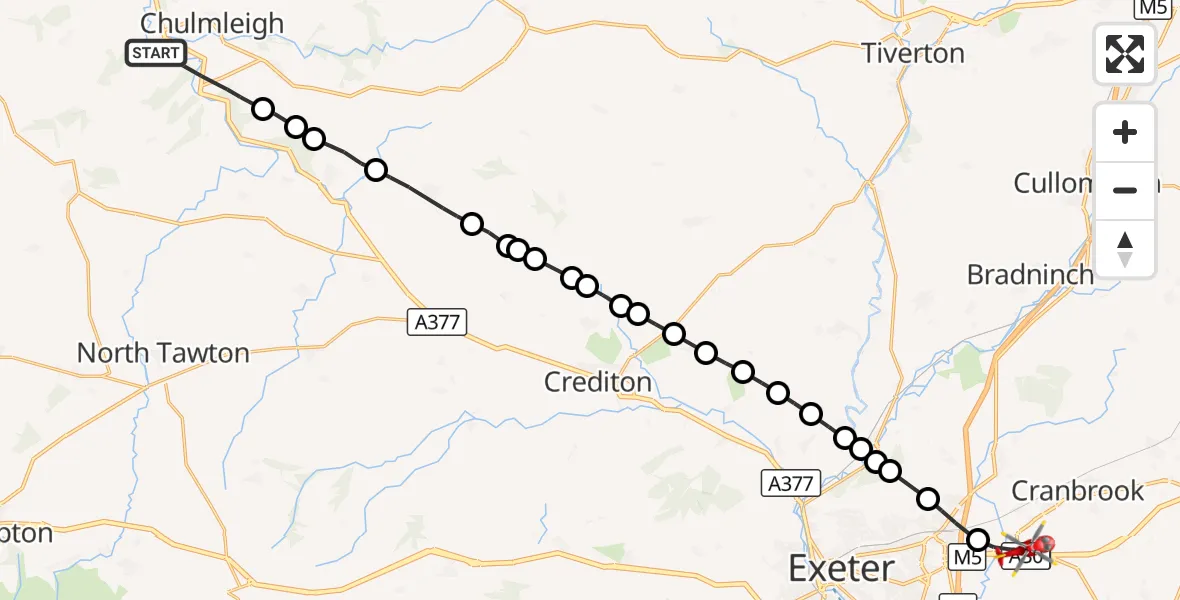 Flight route Air Ambulance Helicopter Mid Devon - Exeter International Airport, 24 August 2026, 07:48