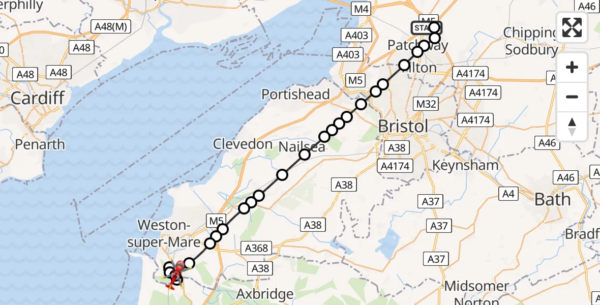 Flight route Air Ambulance Helicopter Almondsbury Helicopter Base - Bleadon, 24 August 2026, 07:55