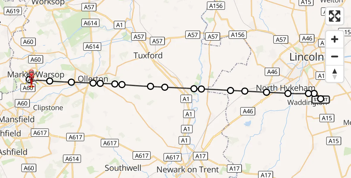 Flight route Air Ambulance Helicopter RAF Waddington - Mansfield, 24 August 2026, 07:58