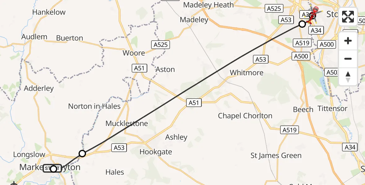Flight route Air Ambulance Helicopter Market Drayton - University Hospital North Staffs, 24 August 2026, 08:04