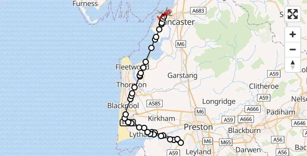 Flight route Air Ambulance Helicopter Blackpool Airport - Morecambe, 24 August 2026, 08:09