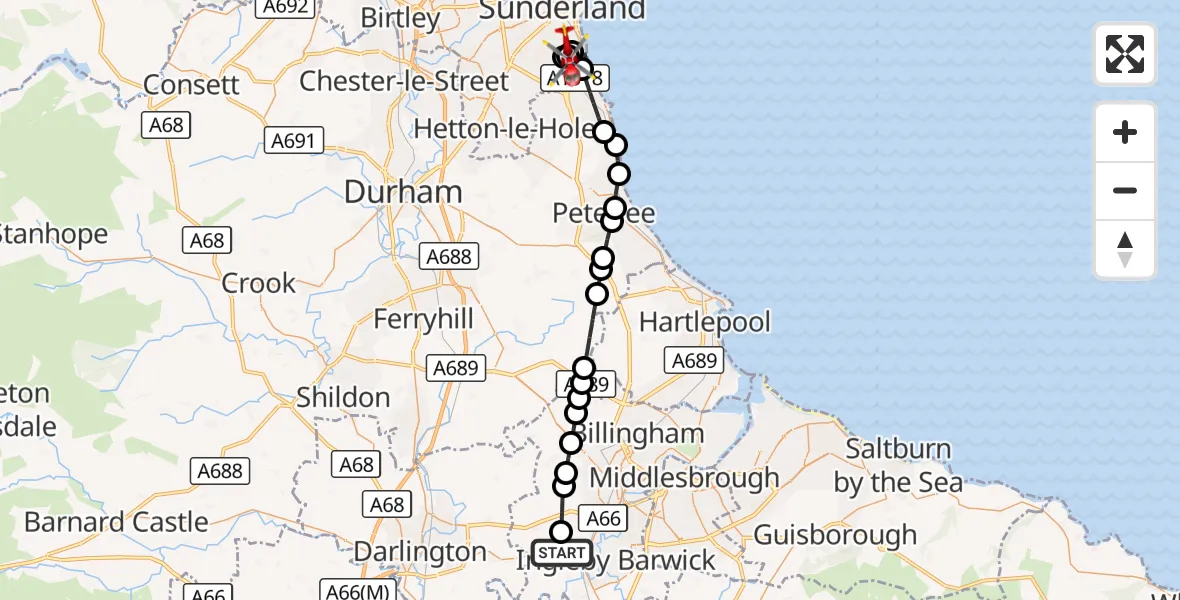 Flight route Air Ambulance Helicopter Egglescliffe - Ryhope Colliery, 24 August 2026, 08:18