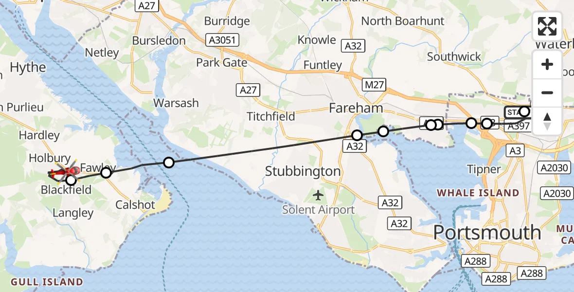 Flight route Air Ambulance Helicopter Queen Alexandra Hospital - Blackfield, 24 August 2026, 08:21