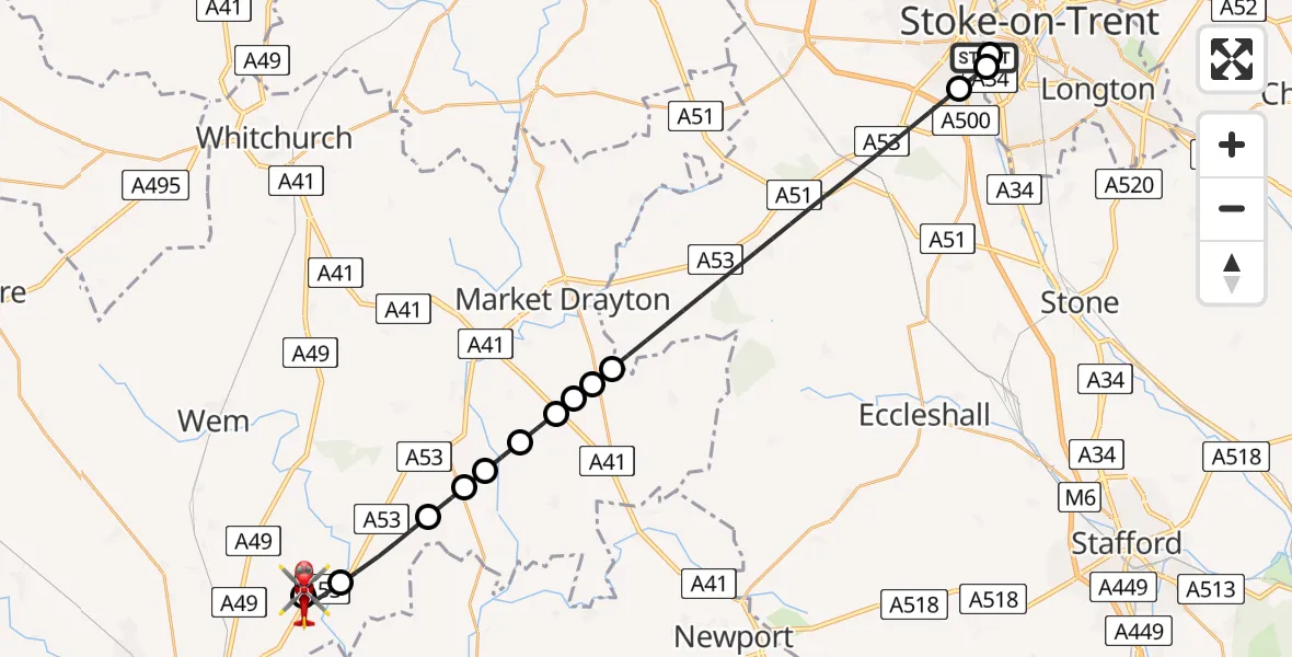 Flight route Air Ambulance Helicopter University Hospital North Staffs - RAF Shawbury, 24 August 2026, 08:30