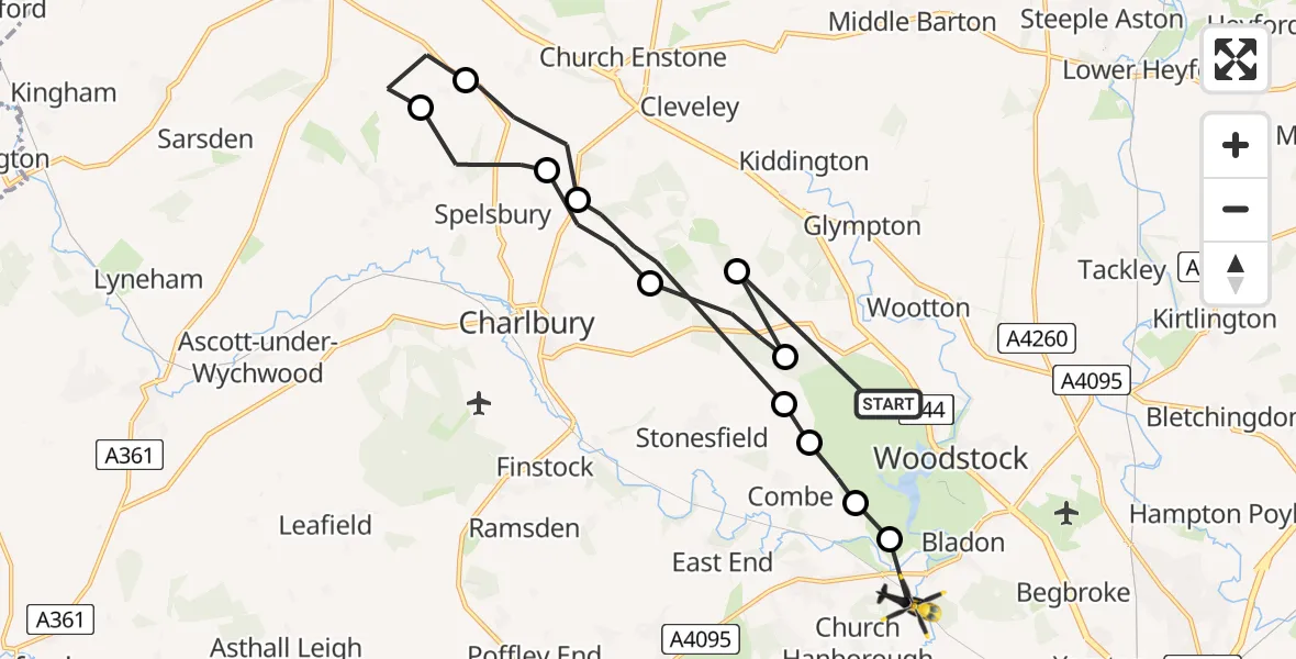 Flight route Police Helicopter West Oxfordshire - Church Hanborough, 24 August 2026, 08:34