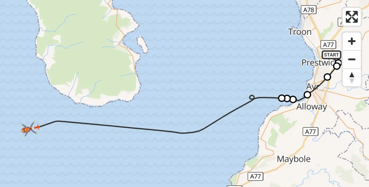 Flight route Coastguard Helicopter Glasgow Prestwick Airport - Inner Seas, 24 August 2026, 08:39