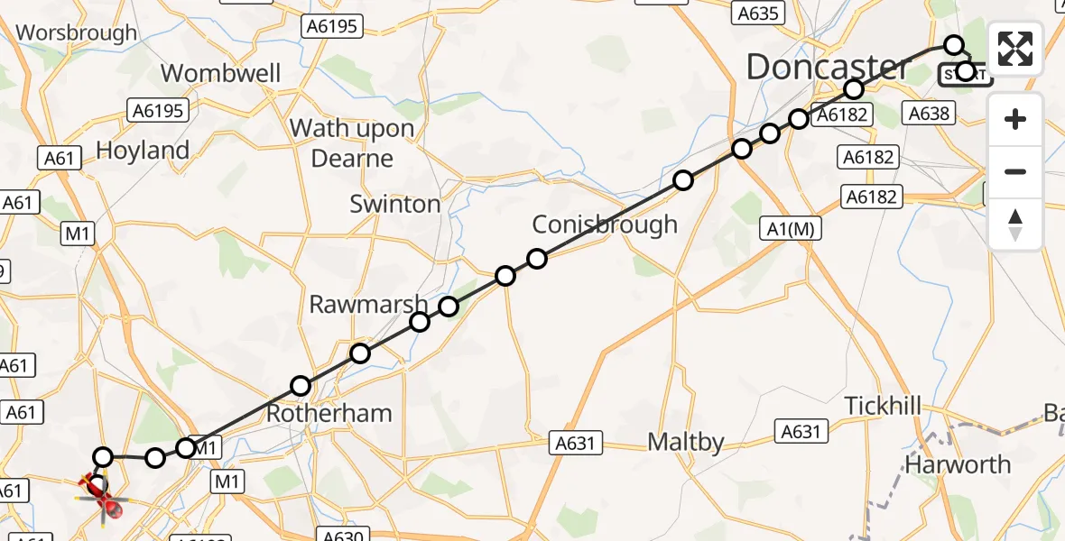 Flight route Air Ambulance Helicopter Old Cantley - Sheffield Northern Hospital, 24 August 2026, 08:42