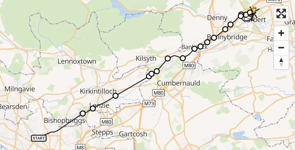 Flight route Police Helicopter Glasgow - Larbert, 24 August 2026, 08:53