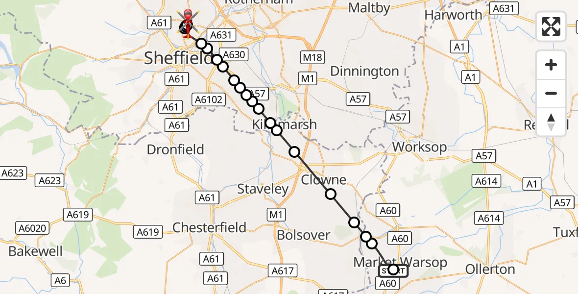 Flight route Air Ambulance Helicopter Market Warsop - Sheffield Northern Hospital, 24 August 2026, 09:00