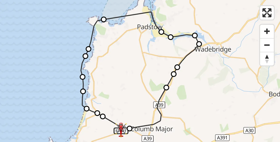 Flight route Air Ambulance Helicopter Cornwall Airport Newquay - Cornwall Airport Newquay, 24 August 2026, 09:05