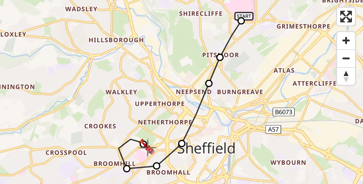 Flight route Air Ambulance Helicopter Sheffield Northern Hospital - Sheffield Childrens Hospital, 24 August 2026, 09:06