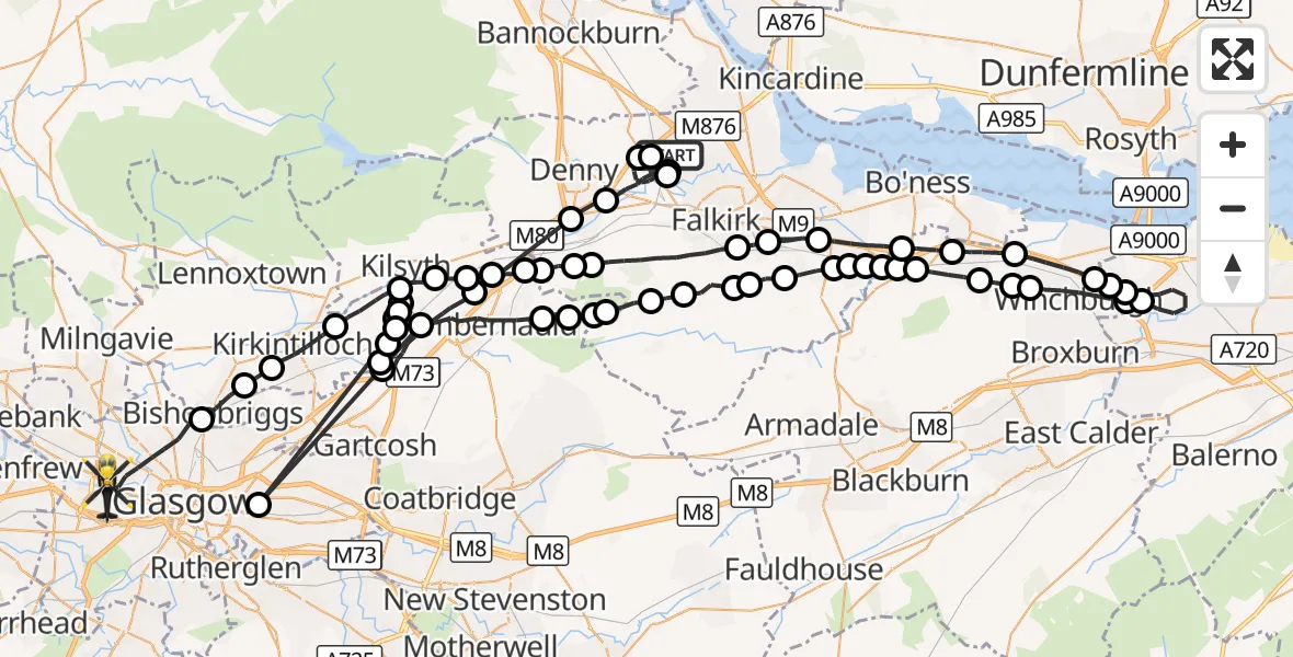Flight route Police Helicopter Larbert - Glasgow, 24 August 2026, 09:08