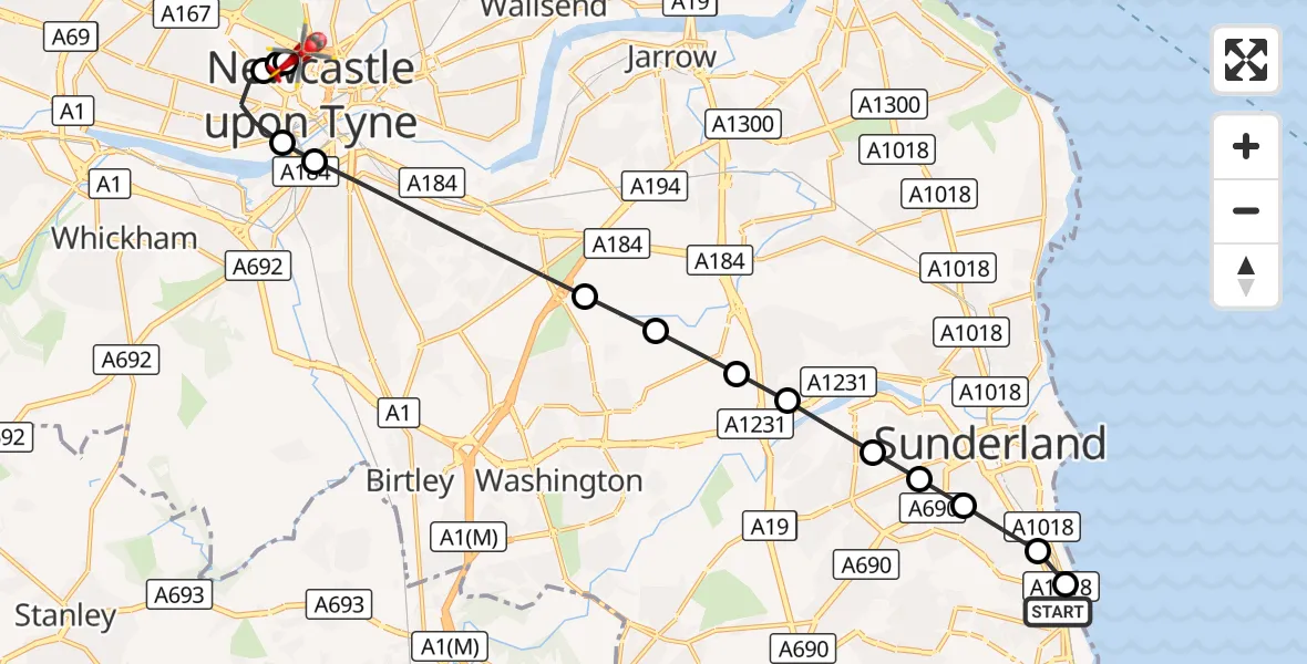 Flight route Air Ambulance Helicopter Ryhope - Newcastle Royal Victoria Infirmary, 24 August 2026, 09:09
