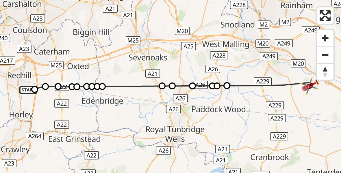 Flight route Air Ambulance Helicopter Redhill Aerodrome - Maidstone, 24 August 2026, 09:10