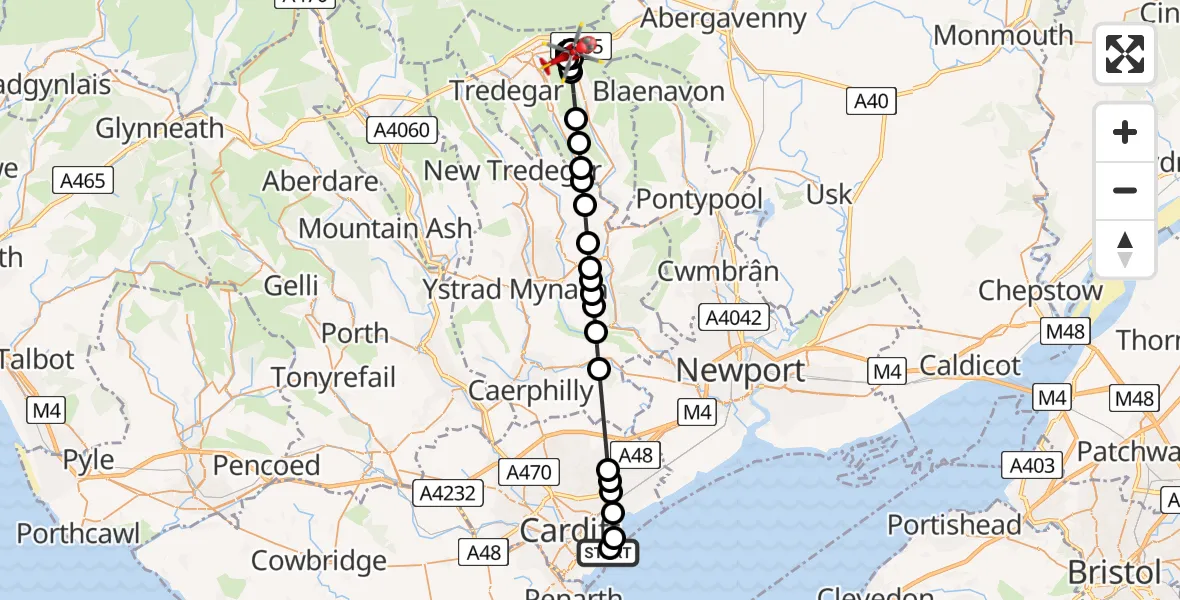 Flight route Air Ambulance Helicopter Cardiff Heliport - Brynmawr, 24 August 2026, 09:12