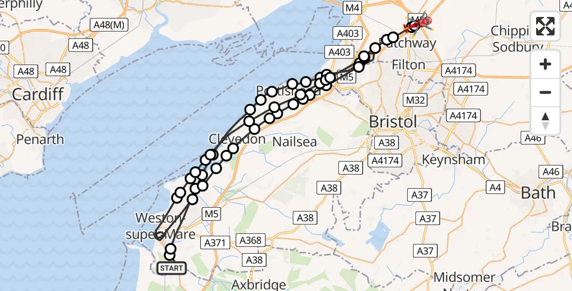 Flight route Air Ambulance Helicopter Bleadon - Almondsbury Helicopter Base, 24 August 2026, 09:19