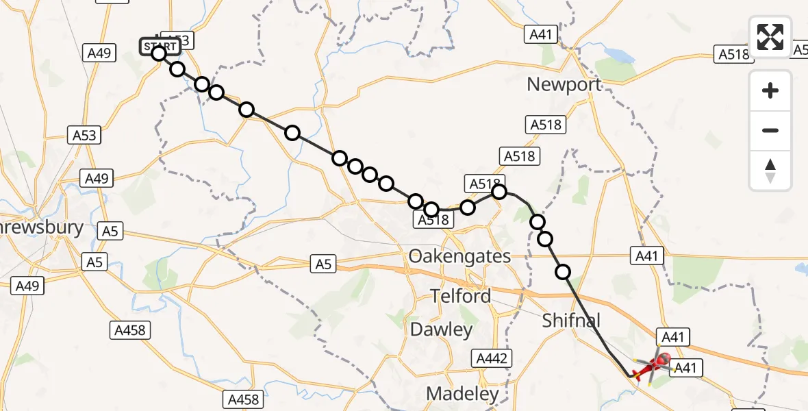 Flight route Air Ambulance Helicopter RAF Shawbury - Shifnal, 24 August 2026, 09:25
