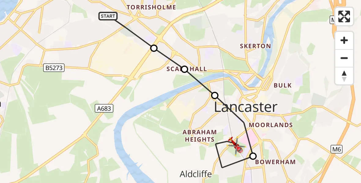 Flight route Air Ambulance Helicopter Morecambe - Aldcliffe, 24 August 2026, 09:26
