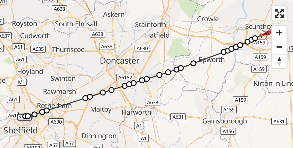 Flight route Air Ambulance Helicopter Sheffield Northern Hospital - Scunthorpe, 24 August 2026, 09:36