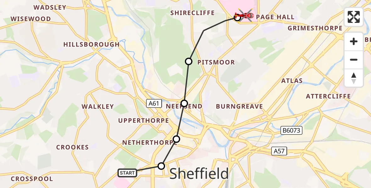 Flight route Air Ambulance Helicopter Sheffield Childrens Hospital - Sheffield Northern Hospital, 24 August 2026, 09:38