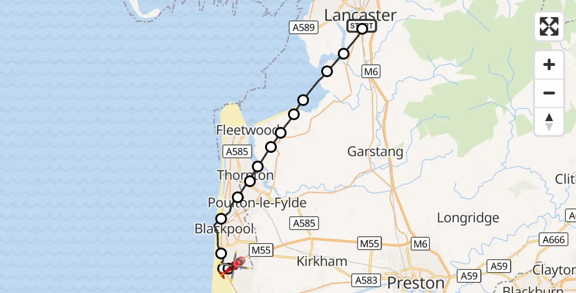 Flight route Air Ambulance Helicopter Lancaster General - Blackpool Airport, 24 August 2026, 09:53