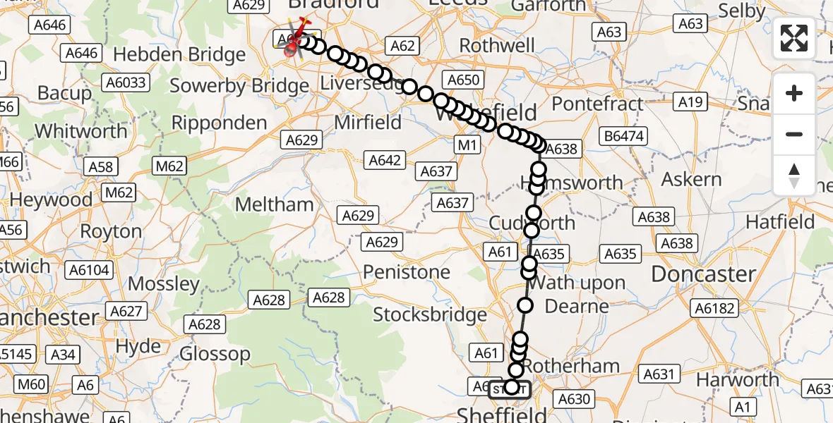 Flight route Air Ambulance Helicopter Sheffield Northern Hospital - Shelf, 24 August 2026, 09:57