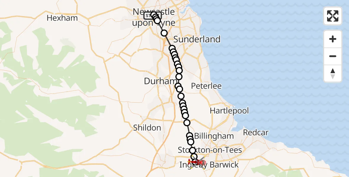 Flight route Air Ambulance Helicopter Newcastle Royal Victoria Infirmary - Egglescliffe, 24 August 2026, 10:00