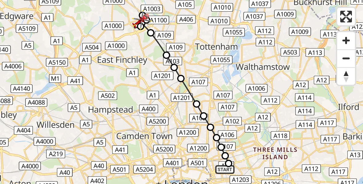 Flight route Air Ambulance Helicopter Royal London Hospital - Colney Hatch, 24 August 2026, 10:03