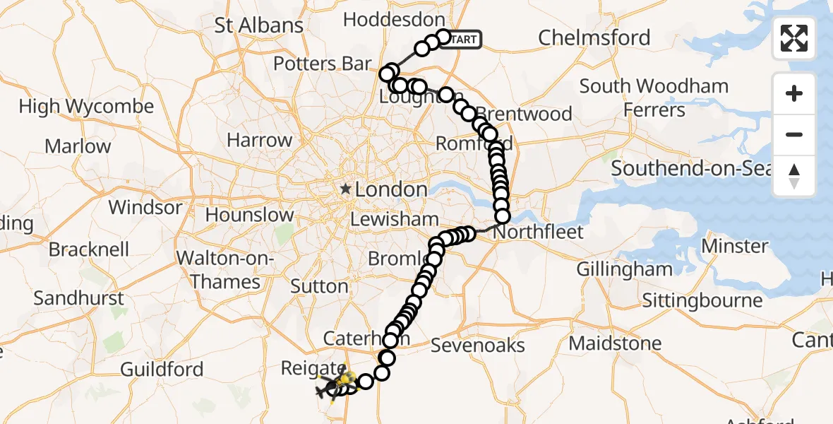 Flight route Police Helicopter North Weald Bassett - Salfords, 24 August 2026, 10:05