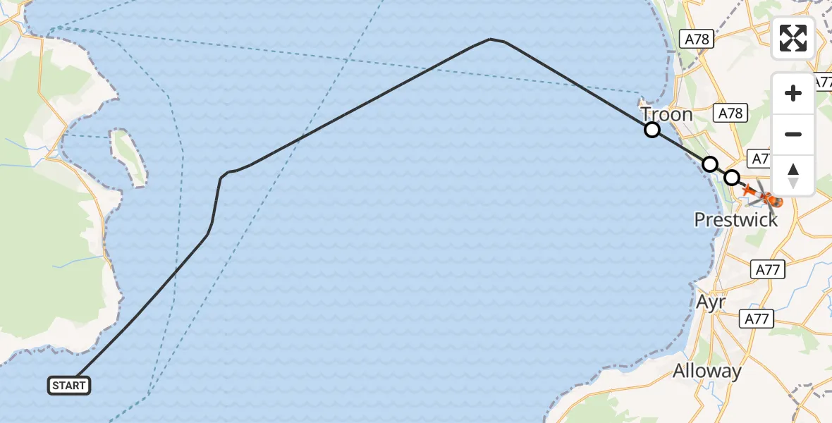 Flight route Coastguard Helicopter Inner Seas - Glasgow Prestwick Airport, 24 August 2026, 10:11