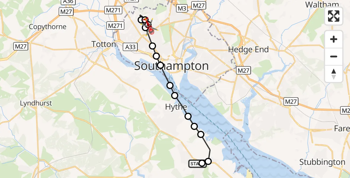 Flight route Air Ambulance Helicopter Holbury - University Hospital Southampton, 24 August 2026, 10:22