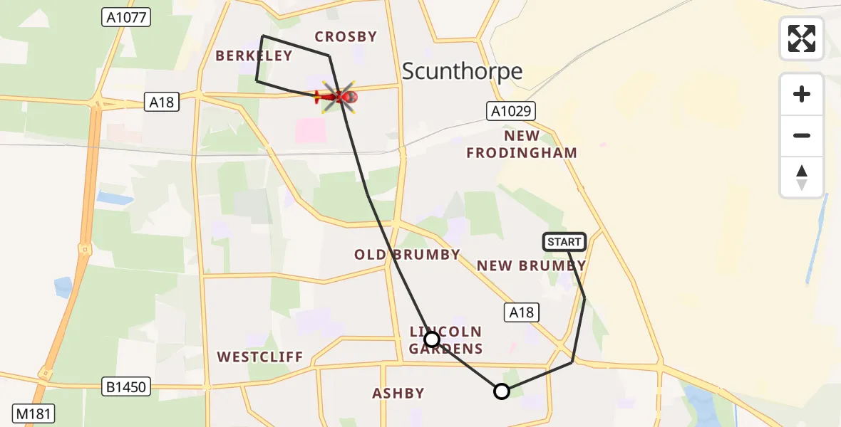 Flight route Air Ambulance Helicopter Scunthorpe - Scunthorpe, 24 August 2026, 10:23
