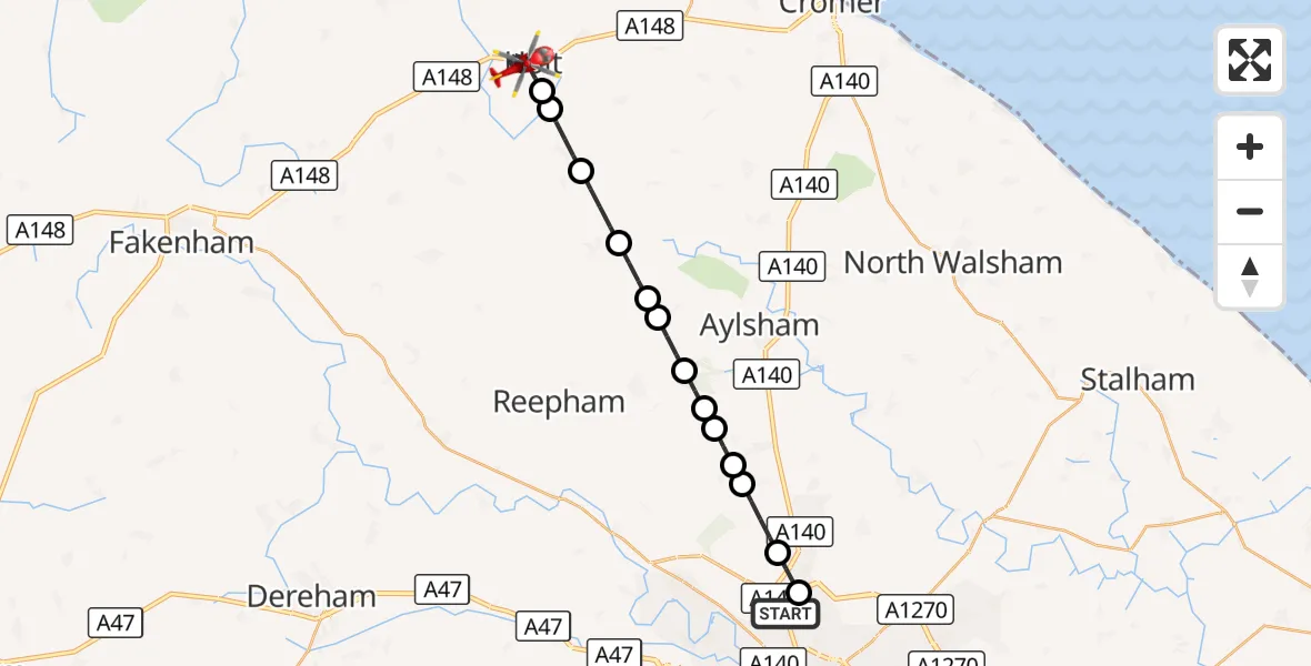 Flight route Air Ambulance Helicopter Norwich Airport - Holt, 24 August 2026, 10:44