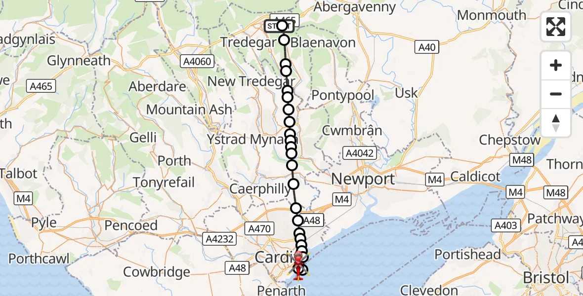 Flight route Air Ambulance Helicopter Brynmawr - Cardiff Heliport, 24 August 2026, 10:47