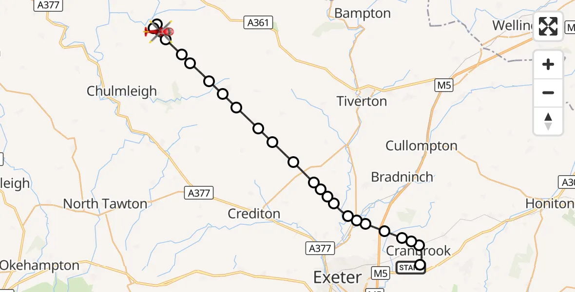 Flight route Air Ambulance Helicopter Exeter International Airport - Romansleigh, 24 August 2026, 10:59