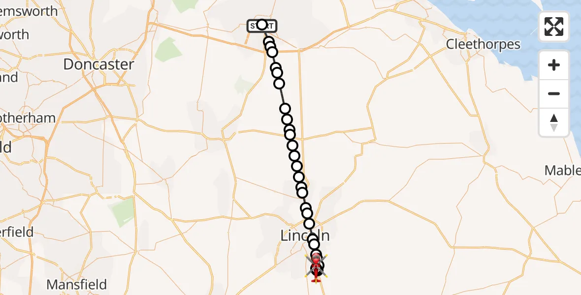 Flight route Air Ambulance Helicopter Scunthorpe Hospital - North Kesteven, 24 August 2026, 11:04