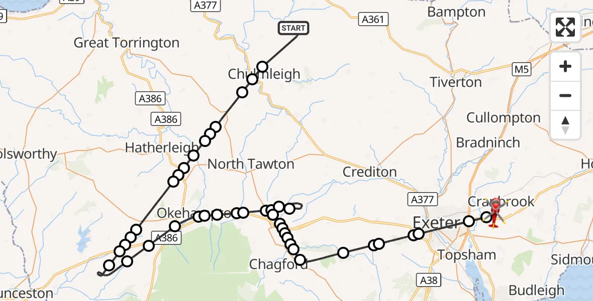 Flight route Air Ambulance Helicopter Romansleigh - Exeter International Airport, 24 August 2026, 11:15